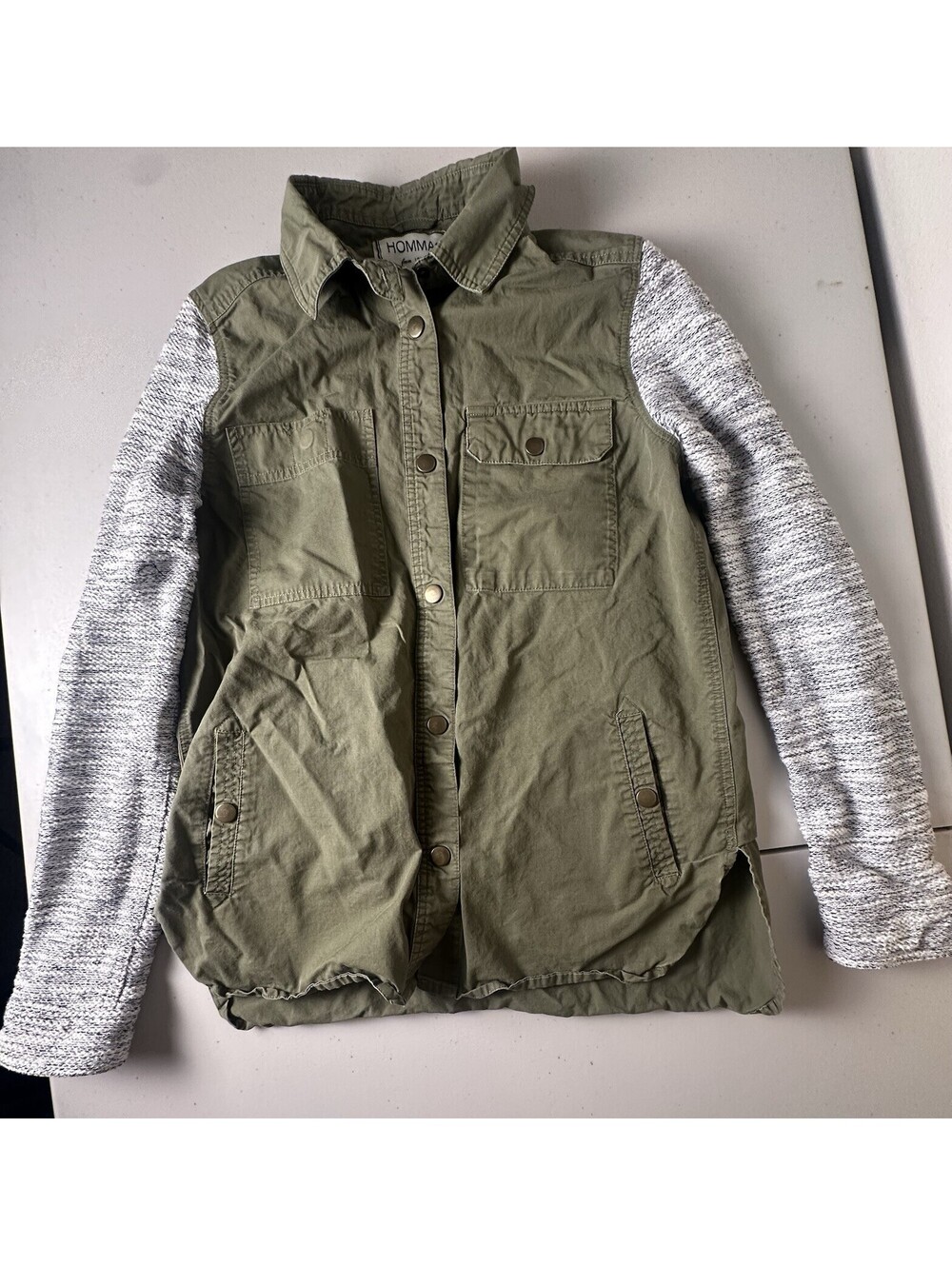 Hommage Women’s Button Short Jacket Green Gray Point Collar Solid Small